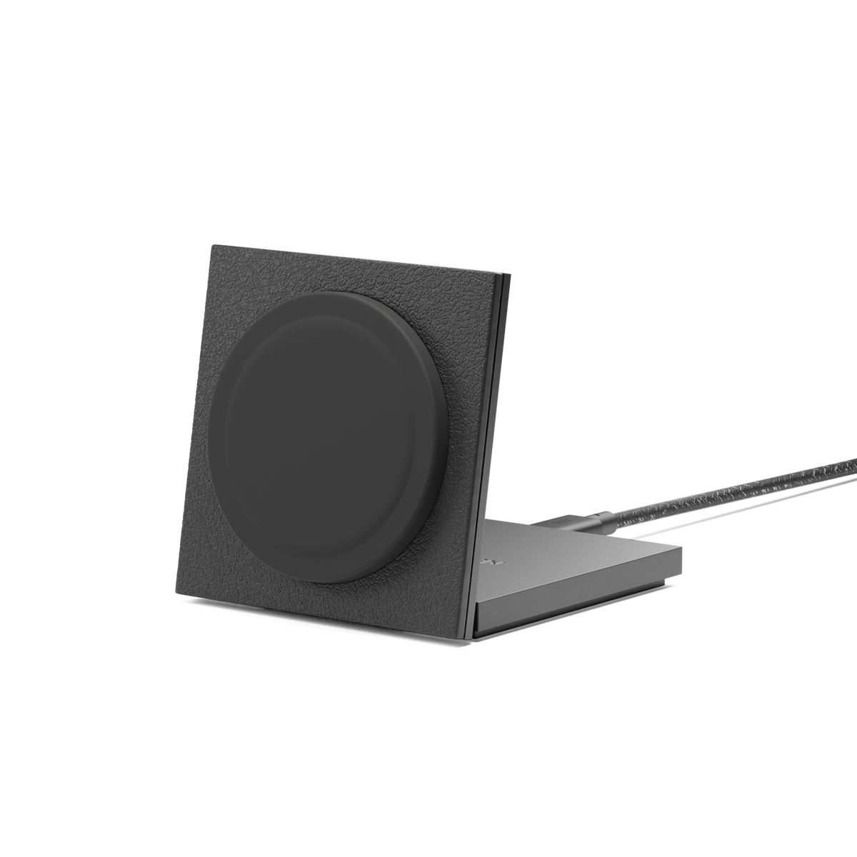 Chargeur Native Union Rise noir ouvert, avec surface magnétique et câble USB-C.