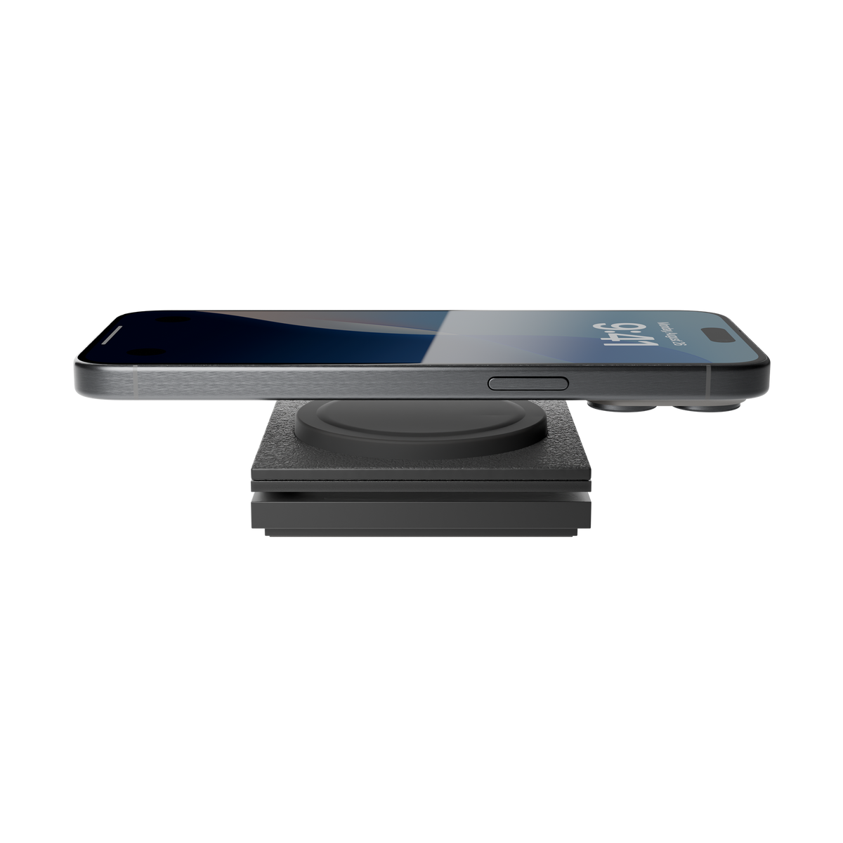Profil du chargeur Native Union Rise noir replié sous un téléphone.