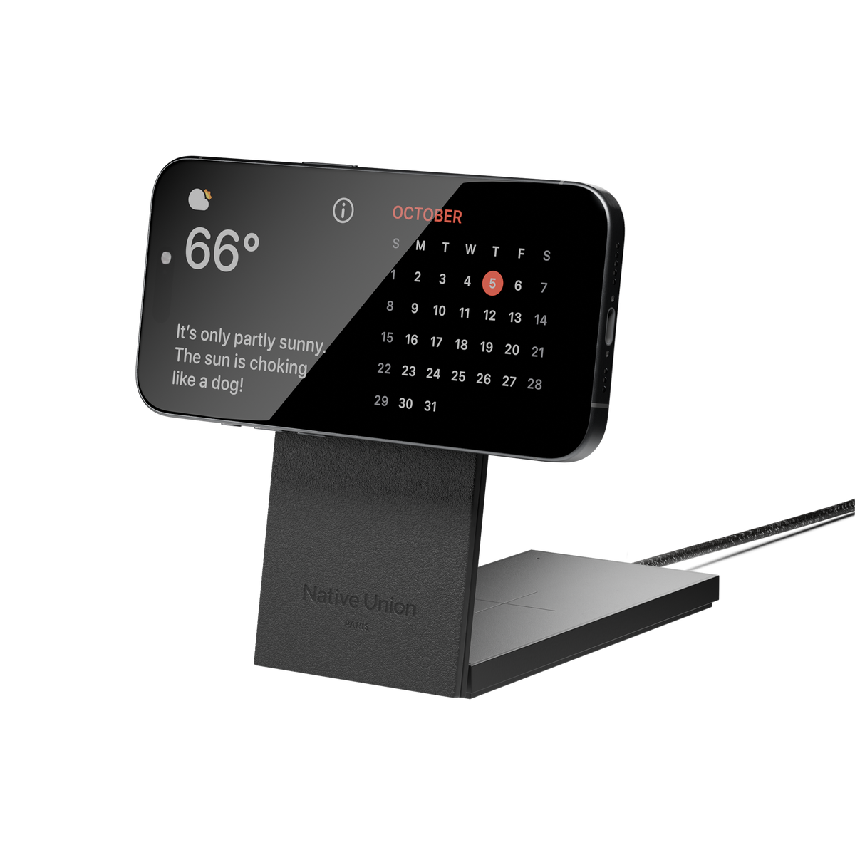 Chargeur Native Union Rise 2-in-1 noir avec téléphone en paysage et base pour écouteurs visible.