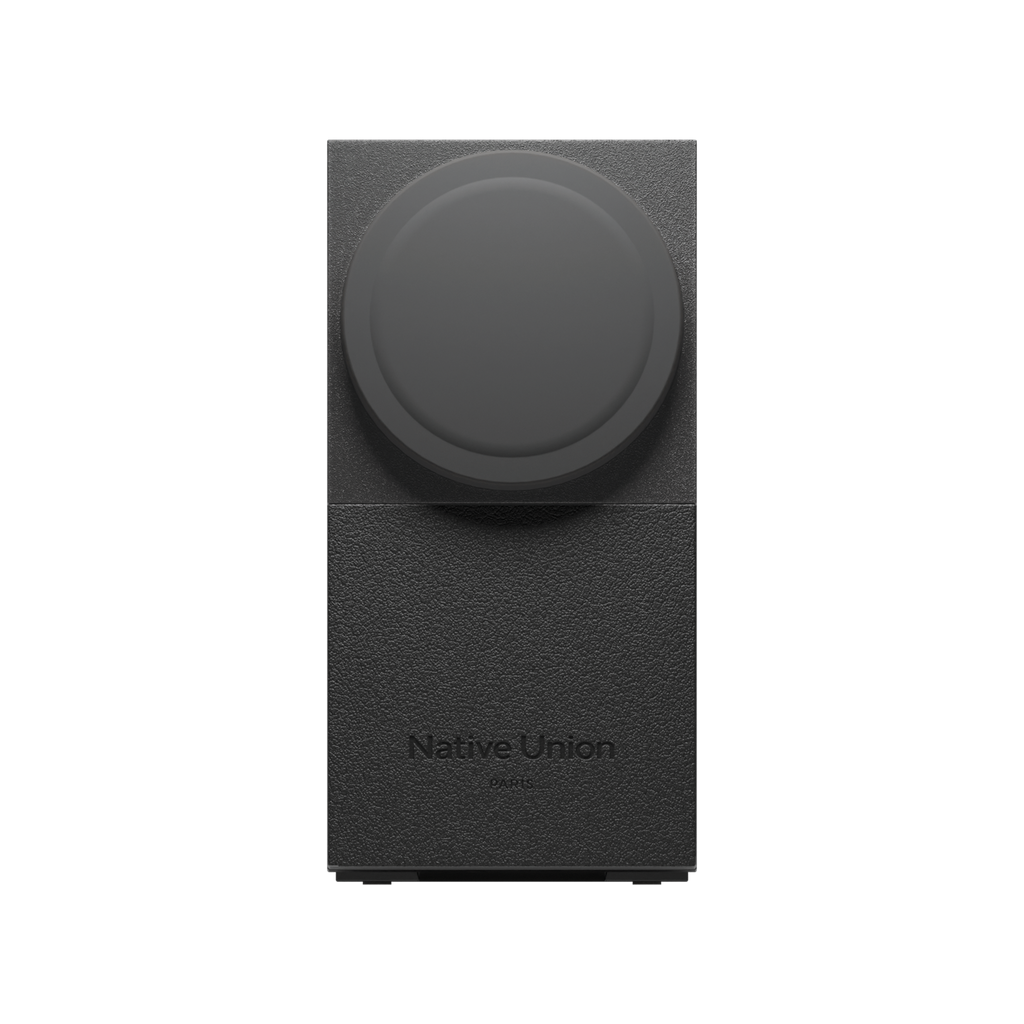 Surface magnétique du chargeur Native Union Rise 2-in-1 noir replié, avec marquage Native Union.