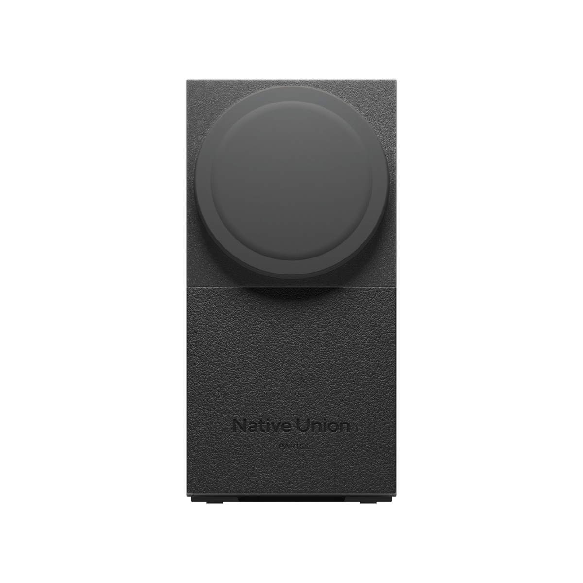 Surface magnétique du chargeur Native Union Rise 2-in-1 noir replié, avec marquage Native Union.