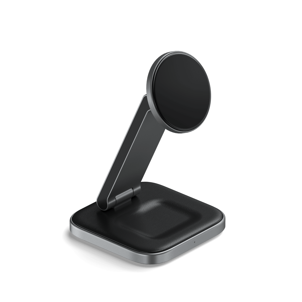 Support Satechi ST-Q21FM Qi2 2-en-1 ouvert, surfaces de recharge visibles.