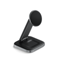 Support Satechi ST-Q21FM Qi2 2-en-1 ouvert, surfaces de recharge visibles.