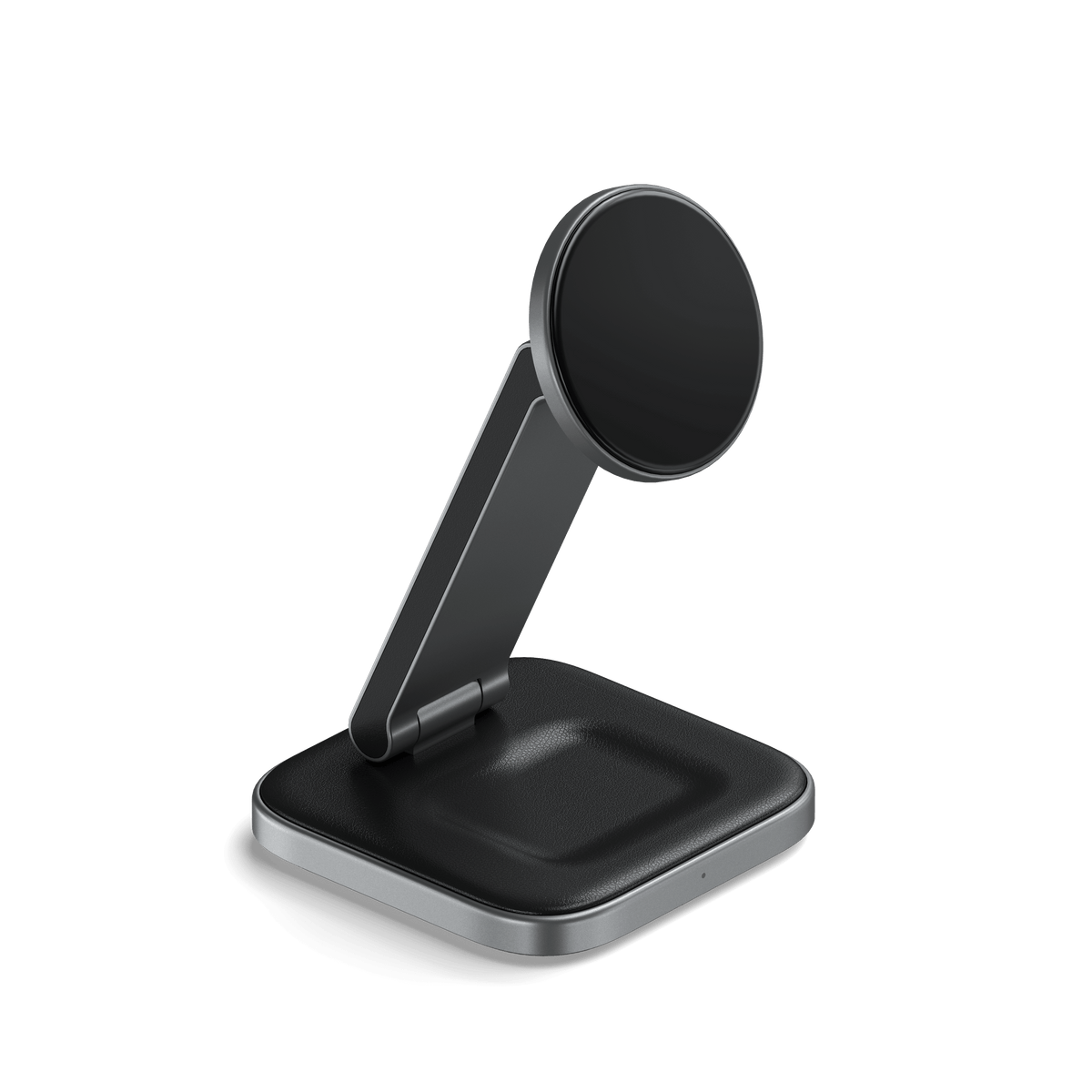 Support Satechi ST-Q21FM Qi2 2-en-1 ouvert, surfaces de recharge visibles.
