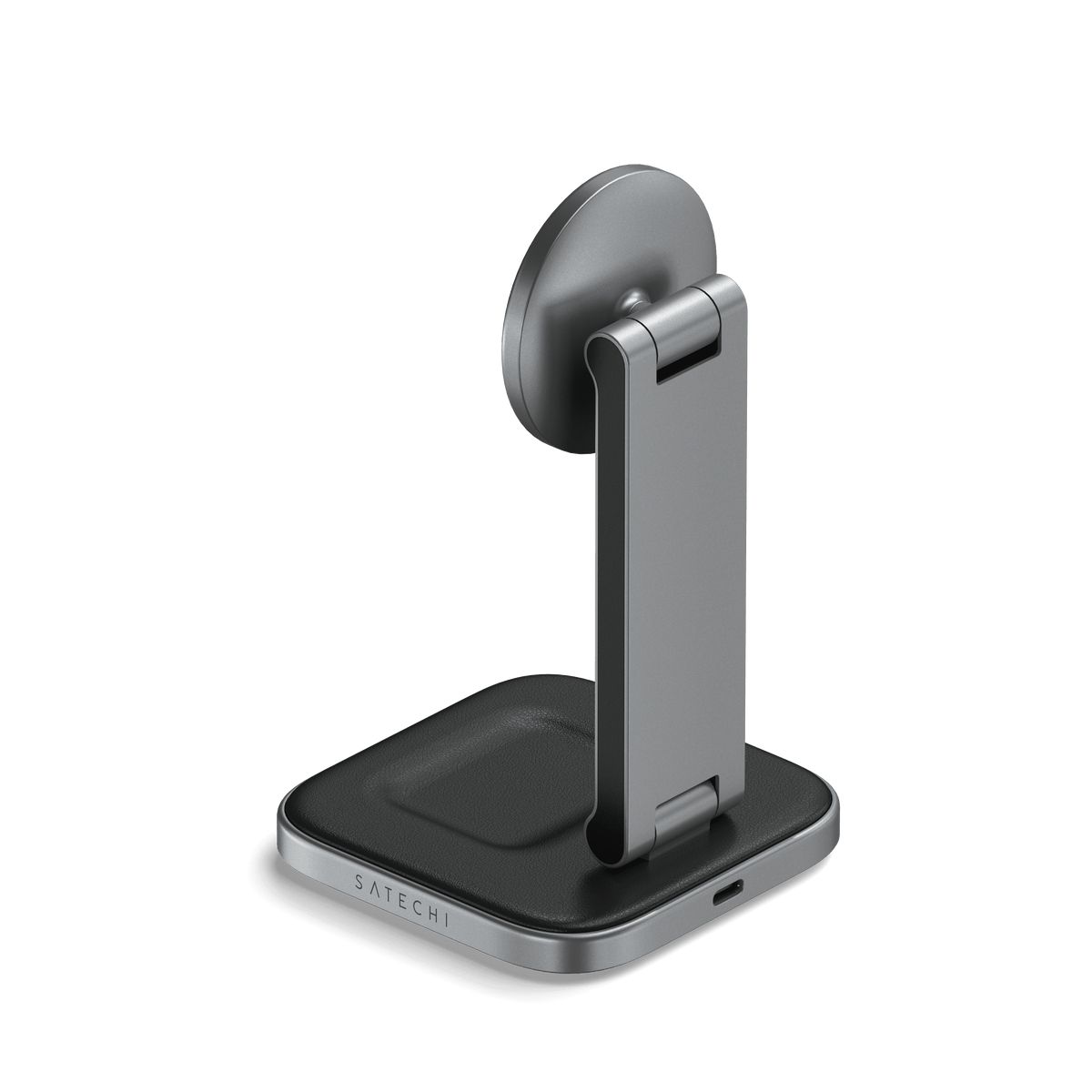 Arrière du support Satechi ST-Q21FM, avec charnières et port USB-C.