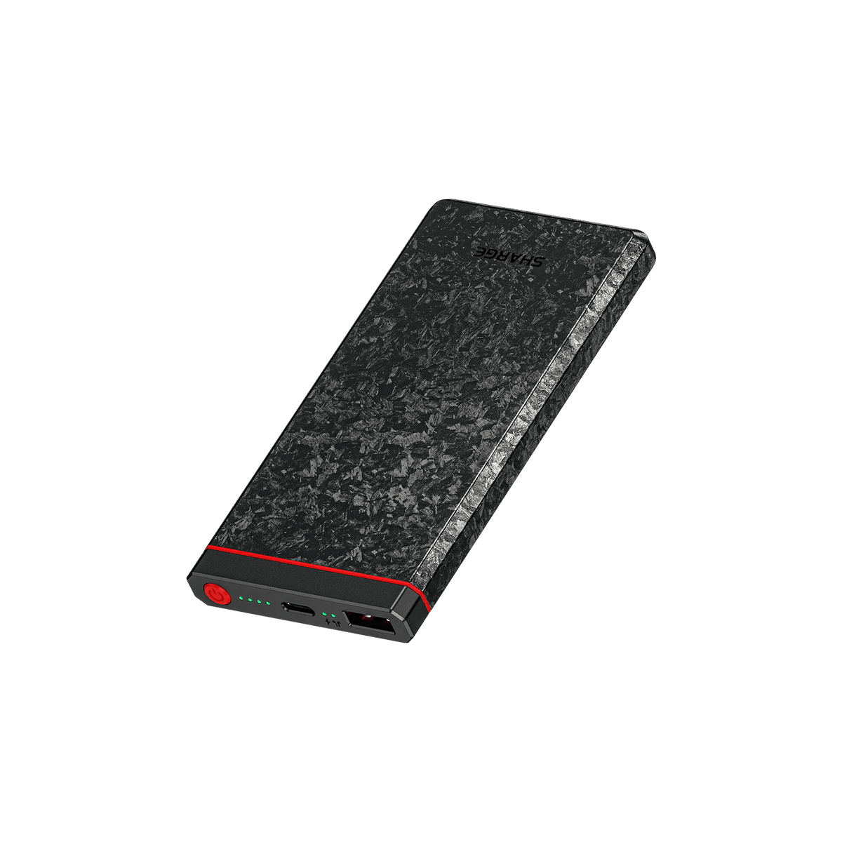 Batterie SHARGE CarbonBlade C1, surface noire et ports USB-C et USB-A visibles.