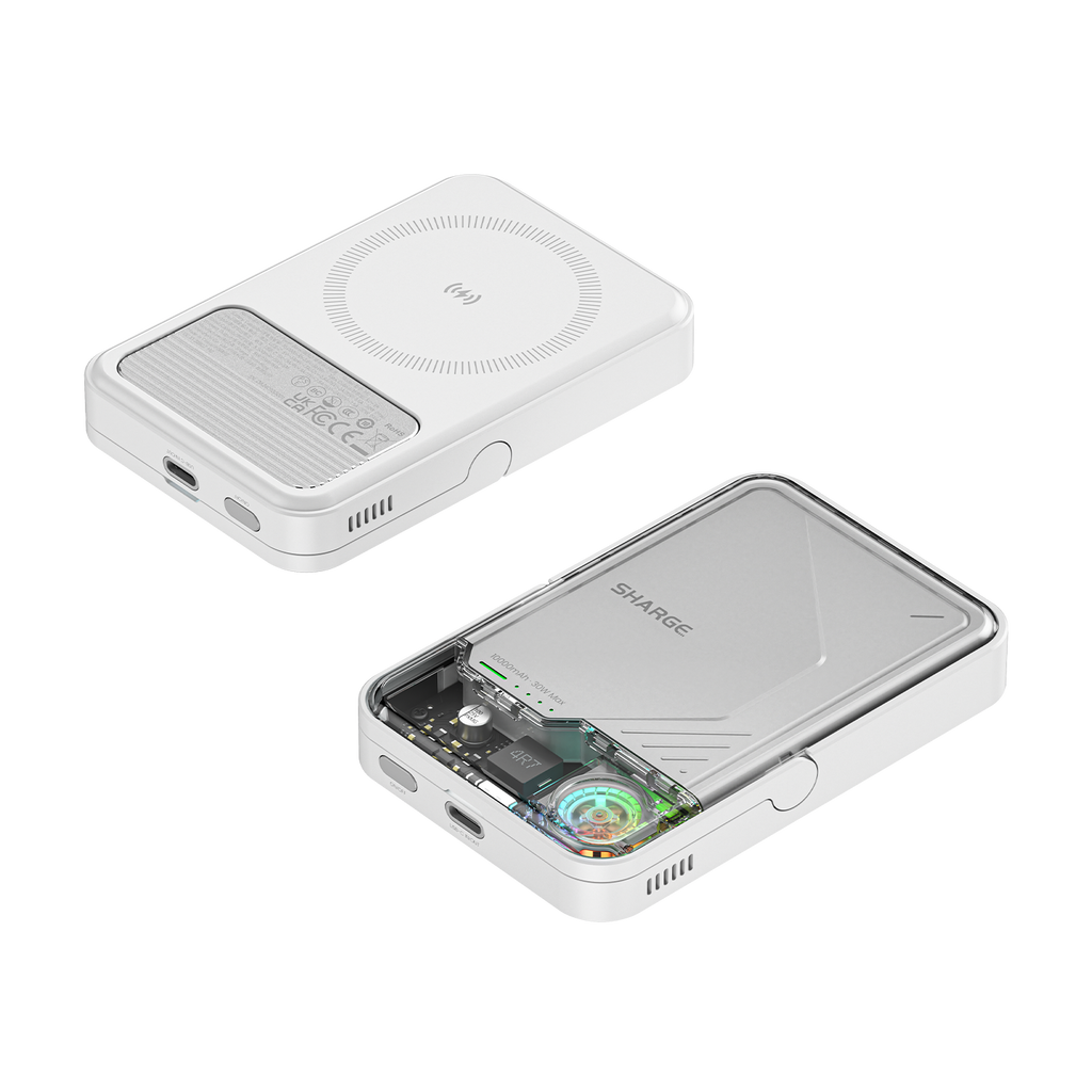 Vues avant et arrière de la batterie SHARGE ICEMAG 2 M2, avec port USB-C et surface magnétique.