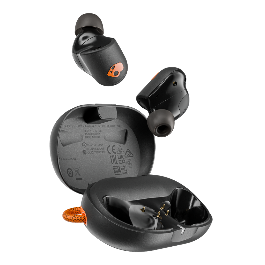Skullcandy Sesh ANC Active - noir et orange - écouteurs et boîtier ouvert.