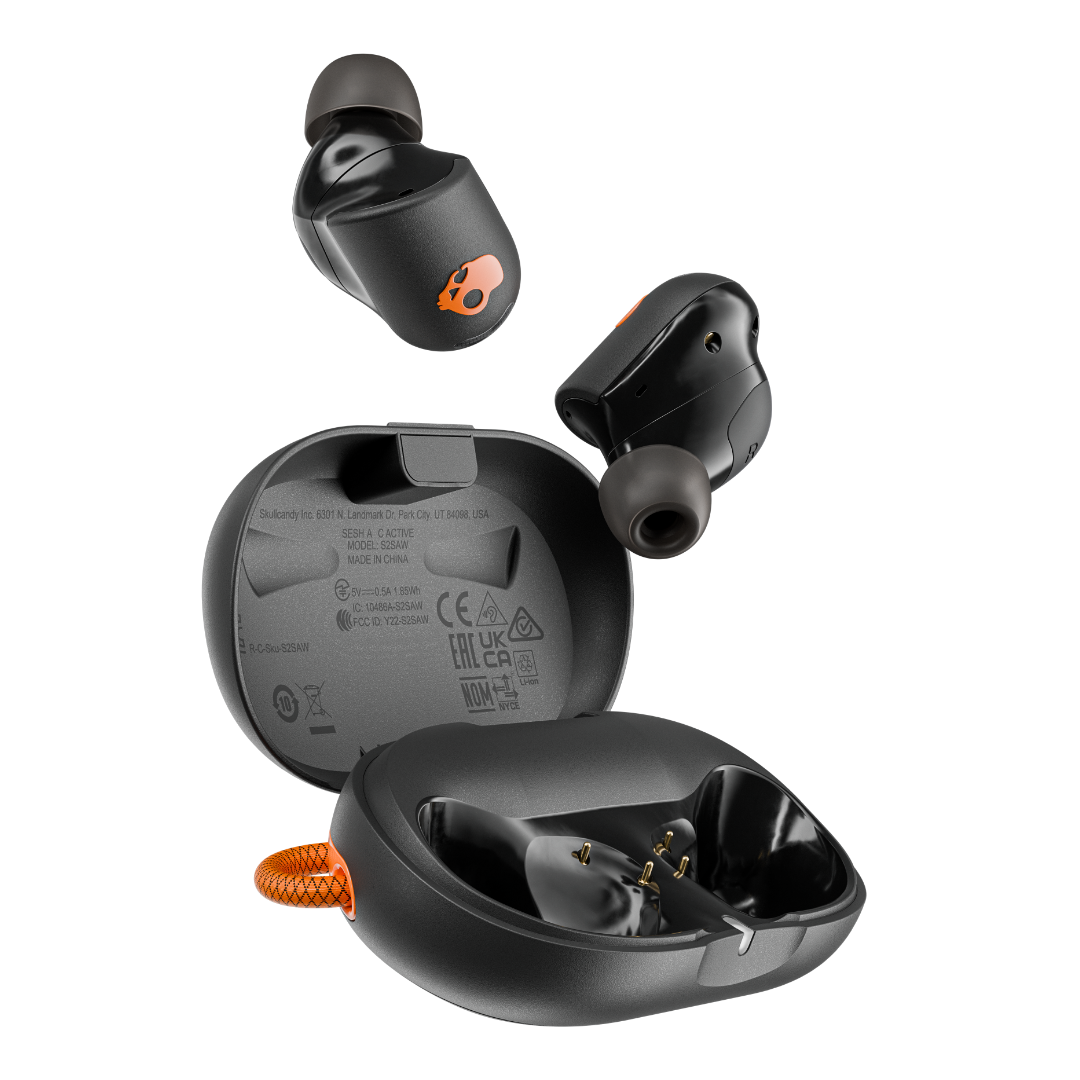 Skullcandy Sesh ANC Active - noir et orange - écouteurs et boîtier ouvert.